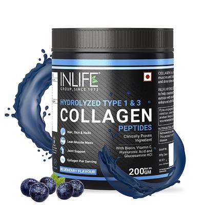 INLIFE Hydrolyzed Type 1 & 3 Collagen Peptides Powder - Blueberry Flavour 200 gm - Hair & Skin
