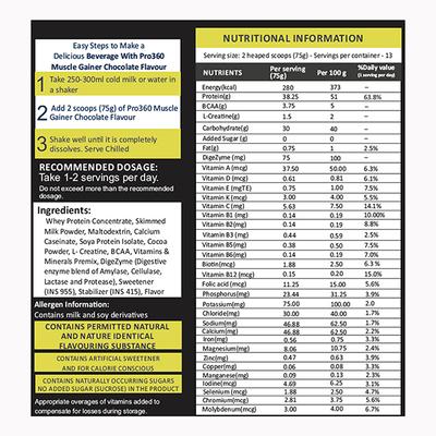 Pro360 Muscle Gainer Protein Powder - Chocolate Flavour 1 kg - Bcaa Supplements