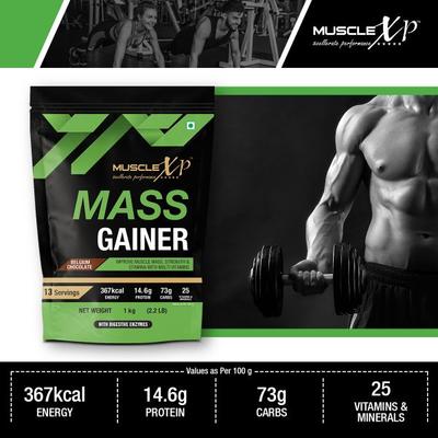 MuscleXP Mass Gainer with Multi Vitamin Powder - Belgium Chocolate 1 kg - Workout Essentials