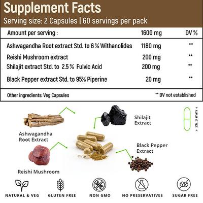 Rooted Active Naturals Ashwagandha Root with Reishi Mushroom Veg Capsule 120's - Ashwagandha