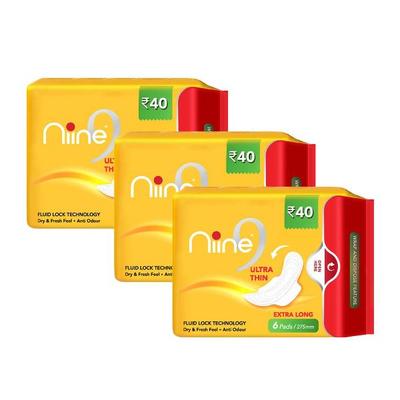 Niine Ultra Thin Sanitary Pads - Extra Long (Pack of 3 x 6's) - Sanitary Napkins