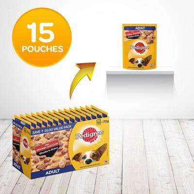 Pedigree Adult Chicken & Liver Chunks in Gravy (Pack of 70gm x 15) 1050 gm - Petfood