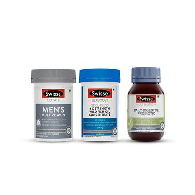 Swisse Men's Health (Multivitamin Tablet 60's, Wild Fish Oil Capsule 60's, Daily Digestive Probiotic Capsule 30's) Combo Pack - Multi-Vitamins