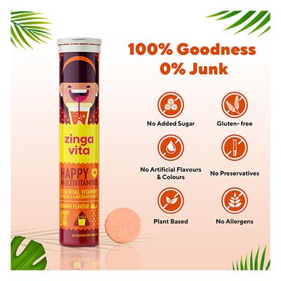 Zingavita Happy Multivitamin Effervescent Tablet - Orange Flavour 20's - Multi-Vitamins