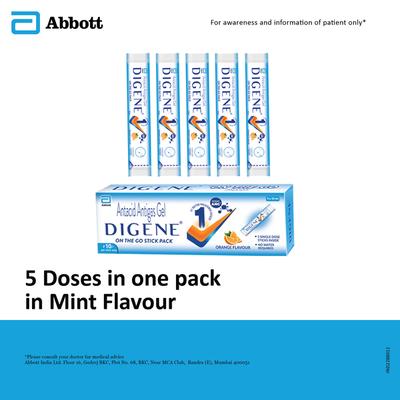 Digene Antacid Antigas Gel On the Go Pack - Orange Flavour (Pack of 5 x 10 ml) - Acidity