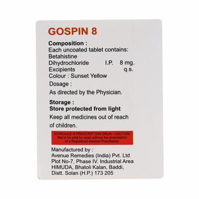 GOSPIN 8mg Tablet 10's - Vertigo-Ant