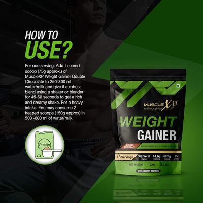 MuscleXP Weight Gainer Powder - Double Chocolate Flavour 1 kg + Shaker 1's - Weight Gain