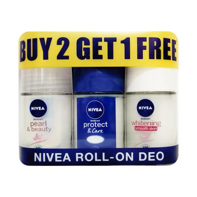 Nivea Roll-On Deodorant Buy 2 Get 1 Free Combo Pack - Pearl Beauty + Protect & Care + Whitening Smooth Skin (Pack of 3 x 25 ml) - Deodorants/Roll-Ons