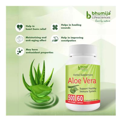 Bhumija Lifesciences Aloe Vera 500 mg Capsule (Pack of 2 x 60's) - Herbal Dietary Supplement