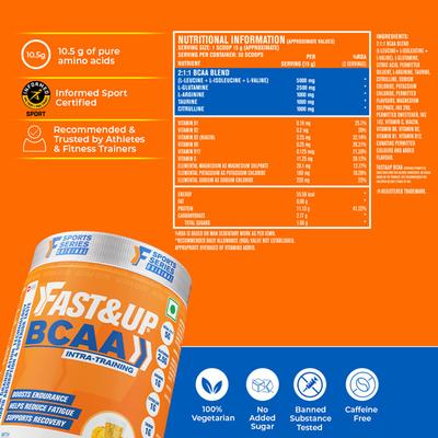 Fast&Up BCAA Intra Training Supplement (30 Servings) - Peach Ice Tea Flavour 450.6gm - Workout Essentials