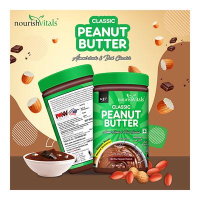 NourishVitals Classic Peanut Butter (Almonds Chunks & Dark Chocolate) 750 gm - Nutritional Bars