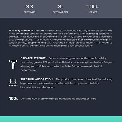 Nutrabay Pure Creatine Monohydrate Amino Acid Powder - Unflavoured 100 gm - Amino Acids