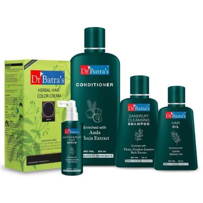 Dr Batra's Dandruff Cleansing Shampoo 100 ml + Anti-Dandruff Hair Serum 125 ml + Conditioner 200 ml + Hair Oil 100 ml + Herbal Hair Color Cream - Brown - Hair Treatment