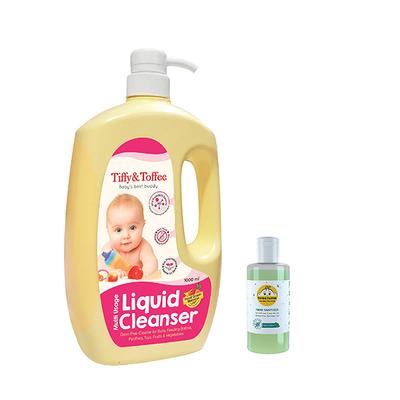 Tiffy & Toffee Multi Usage Baby Liquid Cleanser 1 Litre + Non-Alcoholic Hand Sanitizer - Tulsi 100 ml - Baby Skin Care