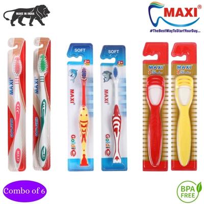 MAXI Oral Care Family Combo Pack - Soft (Oval Grip 2's + Goldie Junior 2's + Tongue Cleaner-No.1 2's) - Toothbrushes
