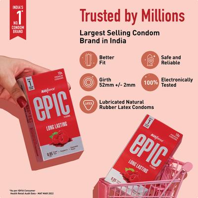 Manforce Epic Pleasure Long Lasting Condoms - Raspberry 10's - Plain/Flavoured Condoms