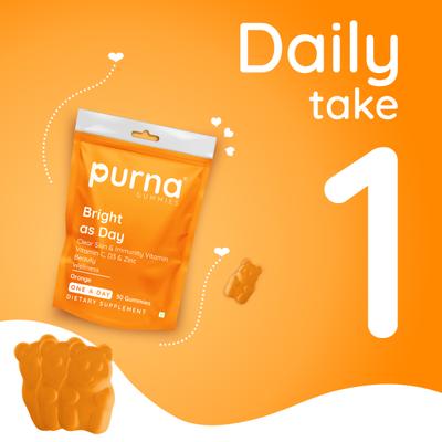 Purna Gummies Vitamin C Orange and Zinc for Adults and Kids, Immunity Boost, Skincare 30's - Vitamin C