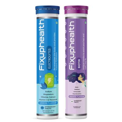 FixUpHealth Electrolytes Effervescent Tablet - Lemon Flavour & FixUpHealth Biotin Effervescent Tablet - Orange Flavour 20s 1's - General Health
