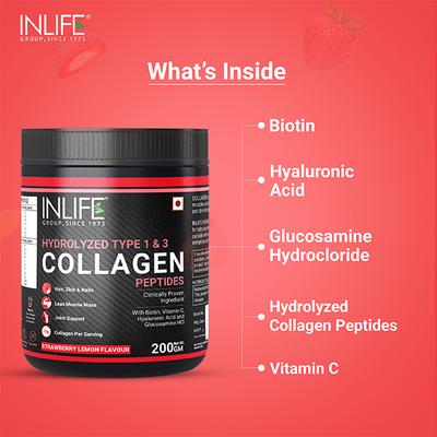 INLIFE Hydrolyzed Type 1 & 3 Collagen Peptides Powder - Strawberry Lemon Flavour 200 gm - Hair & Skin