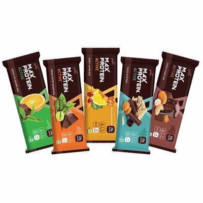 RiteBite Max Protein Active Assorted Bar - Choco Slim, Choco Fudge, Green Coffee, Honey Lemon, Green Tea (Pack of 5) - Nutritional Bars