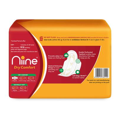 Niine Dry Comfort Sanitary Pads with Biodegradable Disposable Bags - Regular (Pack of 3 x 18's) - Sanitary Napkins