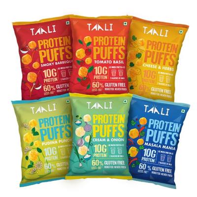 Taali Protein Puffs Combo 60 gm Each (Smoky Barbeque + Tomato Basil + Cheese & Herbs + Pudina Punch + Cream + Masala Mania) - Nutritional Bars