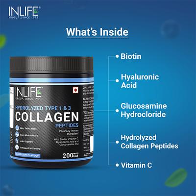 INLIFE Hydrolyzed Type 1 & 3 Collagen Peptides Powder - Blueberry Flavour 200 gm - Hair & Skin
