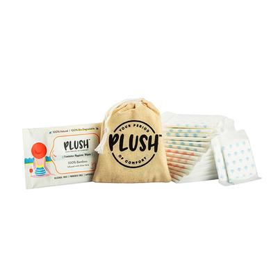 Plush 100% Pure US Cotton Pack (8 Light Flow Pads + 6 Heavy Flow Pads + 2 Panty liner + 1 Plush Pouch) & Hygeine Wipes - Panty Liners