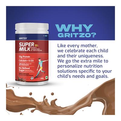 Gritzo SuperMilk Kids Nutrition Drink Powder (13+ yrs) - Double Chocolate 400gm - Nutritional Supplement