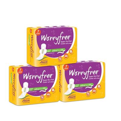 Worryfree Super Dry Ultrathin Sanitary Pad - XXL (Pack of 3 X 7's) - Sanitary Napkins