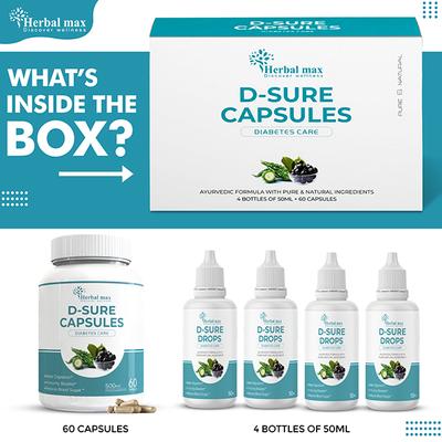 Herbal Max D-Sure Kit Diabetic Care Kit (D Sure Capsule 60's + D Sure Drops (Pack of 4 x 50 ml)) - Diabetes (Fitness)