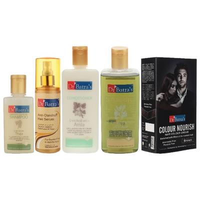 Dr Batra's Dandruff Cleansing Shampoo 100 ml + Anti-Dandruff Hair Serum 125 ml + Conditioner 200 ml + Hair Oil 200 ml + Colour Nourish Hair Color Cream - Brown - Hair Treatment