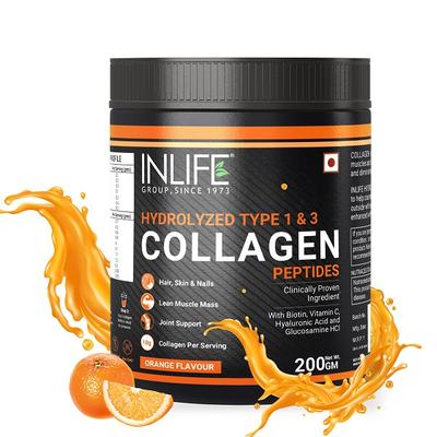 INLIFE Hydrolyzed Collagen Peptides Powder - Orange Flavour 200 gm - Hair & Skin