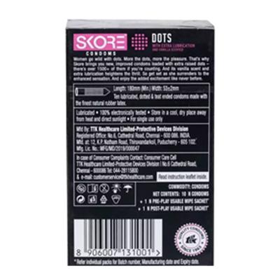Skore Condoms 1500+ Dots With Extra Lubrication & Vanilla Scented With Free 2 Intimate Wipes 10's - Plain/Flavoured Condoms