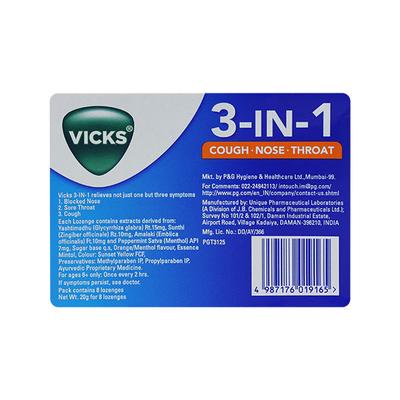 Vicks 3-in-1 Cough-Nose-Throat Lozenges - Orange Menthol 8's - Sore Throat Lozenges
