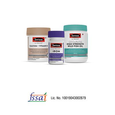 Swisse Health Essential (Calcium+ Vitamin D Tablet 90's, Iron Tablet 30's, Wild Fish Oil Capsule 200's) Combo Pack - Multi-Vitamins