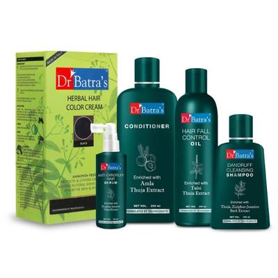 Dr Batra's Dandruff Cleansing Shampoo 100 ml + Conditioner 200 ml + Anti-Dandruff Hair Serum 125 ml + Hair Fall Control Oil 200 ml + Herbal Hair Color Cream - Black - Hair Treatment