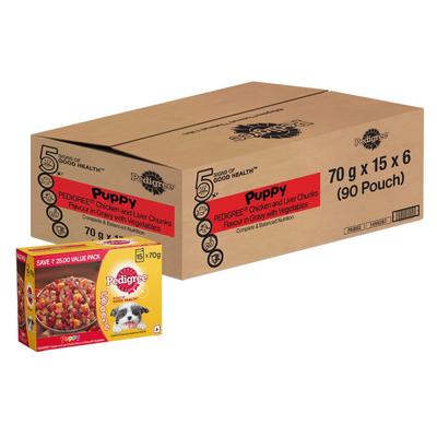 Pedigree Puppy Chicken & Liver Chunks Flavour in Gravy with Vegetables (Pack of 70gm x 90) 6300 gm - Petfood