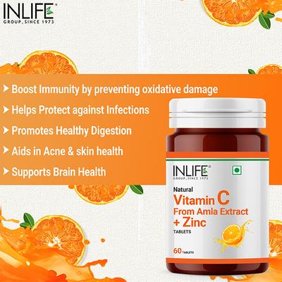 Inlife Natural Vitamin C + Zinc 1000 mg Tablet - Orange Flavour 60's - Vitamin C