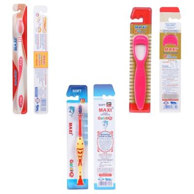 MAXI Oral Care Family Combo Pack - Soft (Oval Grip 2's + Goldie Junior 2's + Tongue Cleaner-No.1 2's) - Toothbrushes