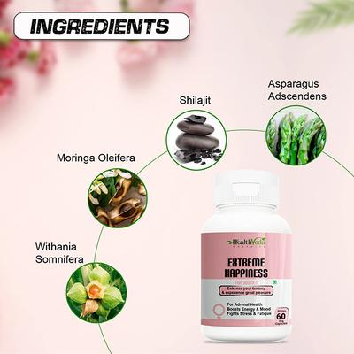 Health Veda Extreme Happiness 500 mg Veg Capsule for Women 60's - Herbal Dietary Supplement