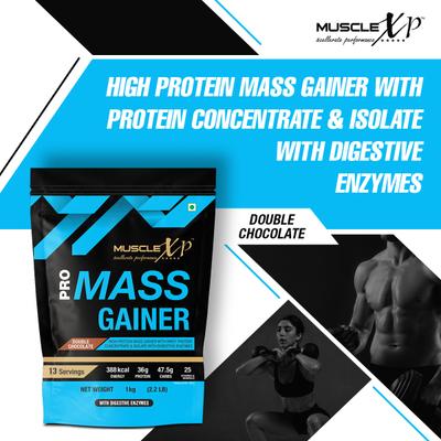 MuscleXP Pro Mass Gainer - Double Chocolate 1 kg + Shaker 1's - Weight Gain
