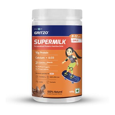 Gritzo SuperMilk Nutrition Drink Powder for Girls (8-12 yrs) - Double Chocolate 400 gm - Nutritional Supplement