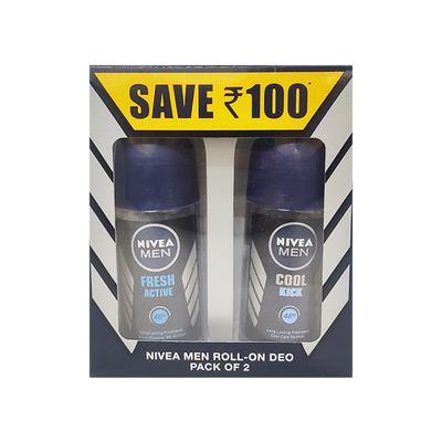 Nivea Men Roll-On Deo Combo - Fresh Active & Cool Kick (Pack of 2 X 50 ml) - Men Deodorants/Roll-Ons