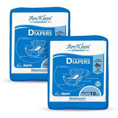 AroKleen Overnight Disposable Adult Diapers (M) (71.1 cm - 101.6 cm) (Pack of 2 x 10's) 1's - Adult Diapers & Pads
