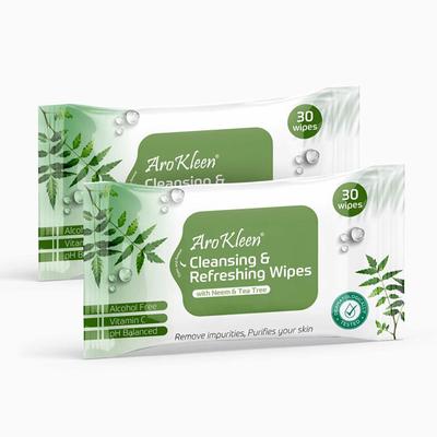 AroKleen Cleansing & Refreshing Wipes - Neem & Tea Tree (Pack of 2 x 30's) 1's - Facial Wipes & Tissues