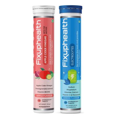 FixUpHealth Apple Cider Vinegar Effervescent Tablet - Apple Flavour 20's & FixUpHealth Electrolytes Effervescent Tablet - Lemon Flavour 20's - Multi-Vitamins