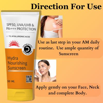 Dermistry 1% Hyaluronic Acid Hydra Nourishing Sunscreen SPF 50 UVA UVB PA+++ Protection 50 ml - Face Sunscreen