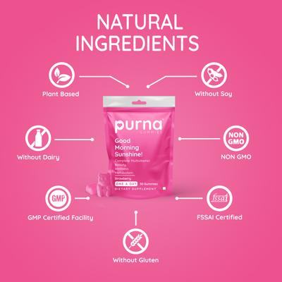 Purna Gummies Immunity Multivitamin Strawberry Gummies for Adults, Vitamins A, C, D, E, B12 30's - Women Health