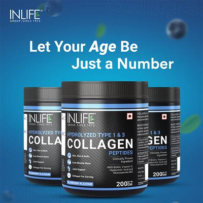 INLIFE Hydrolyzed Type 1 & 3 Collagen Peptides Powder - Blueberry Flavour 200 gm - Hair & Skin